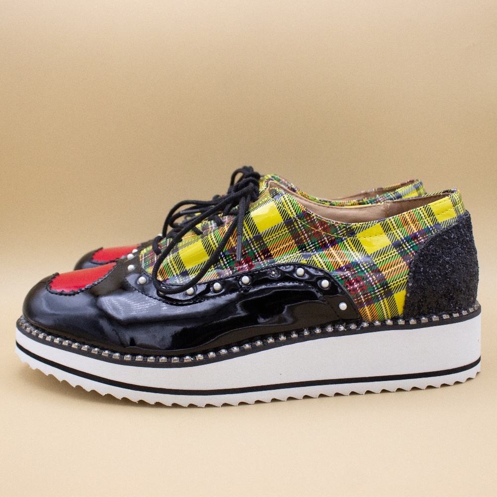Torrid x Betsy Johnson T-Nova Yellow Black Plaid Shoes Women's Size 7.5 WW